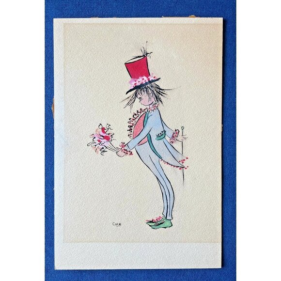 Vintage Original Mixed Medium Art Whimsical Figure Unframed 15"L X 10"W Kitch - Picture 2 of 3